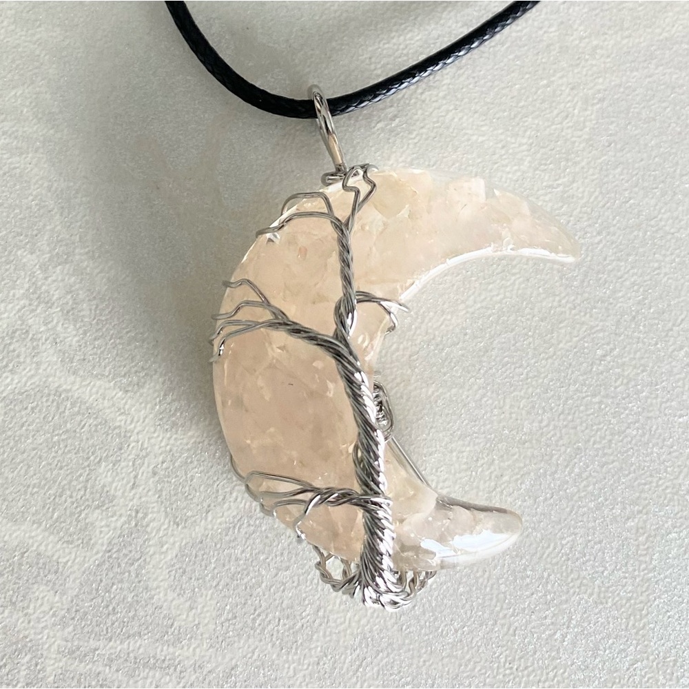 Handcrafted Rose Quartz Crescent Moon Pendant Necklace - Pink